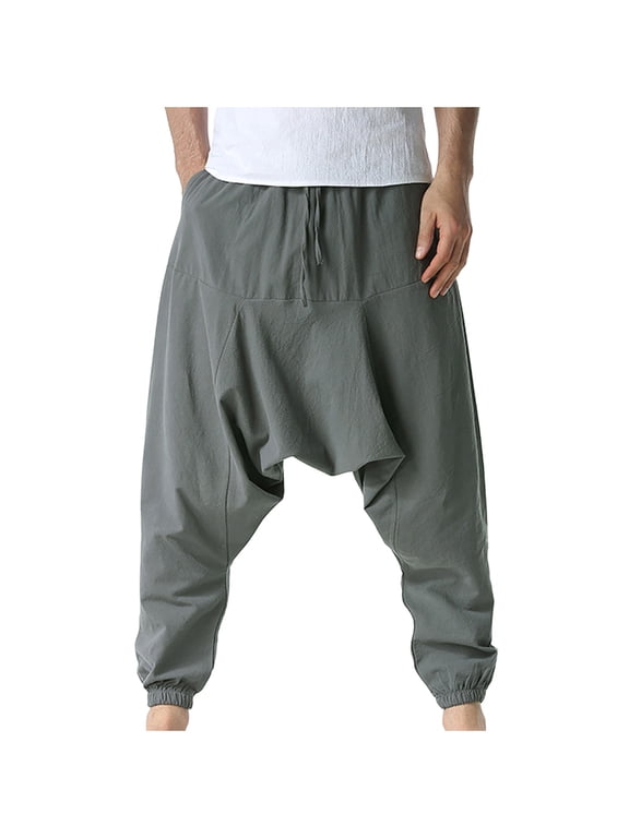 Mens Harem Pants Baggy Hippie Casual Cottn Linen Loose Boho Yoga Beach Drop Crotch Trouser