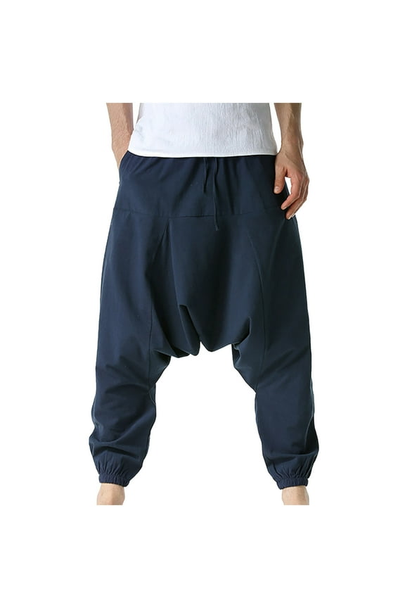 Mens Harem Pants Baggy Hippie Casual Cottn Linen Loose Boho Yoga Beach Drop Crotch Trouser