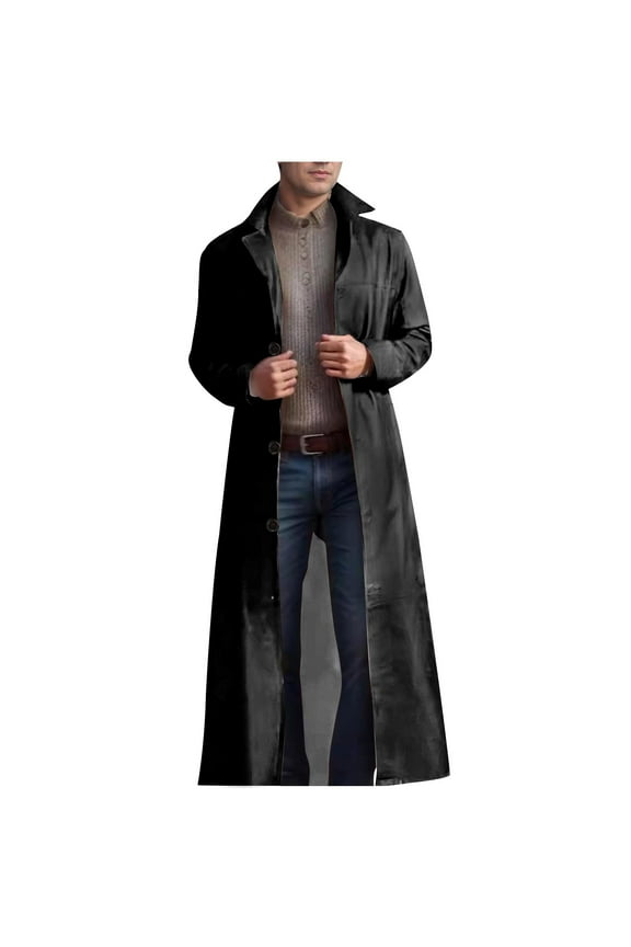 Mens Leather Trench Coat Full Length Vintage Classic Faux Leather Long Leather Jacket Winter Overcoat