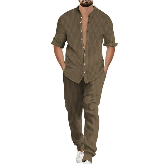 Dovford Mens Leisure Suits 2 Piece Outfits Banded Collar Long Sleeve Button Down Striped Shirts and Pants Linen Sets
