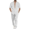 thumbnail image 1 of Dovford Mens Leisure Suits 2 Piece Outfits Banded Collar Long Sleeve Button Down Striped Shirts and Pants Linen Sets, 1 of 1