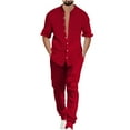 thumbnail image 1 of Dovford Mens Leisure Suits 2 Piece Outfits Banded Collar Long Sleeve Button Down Striped Shirts and Pants Linen Sets, 1 of 5