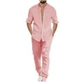 thumbnail image 1 of Dovford Mens Leisure Suits 2 Piece Outfits Banded Collar Long Sleeve Button Down Striped Shirts and Pants Linen Sets, 1 of 6