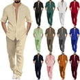 thumbnail image 1 of Dovford Mens Leisure Suits 2 Piece Outfits Banded Collar Long Sleeve Button Down Striped Shirts and Pants Linen Sets, 1 of 1