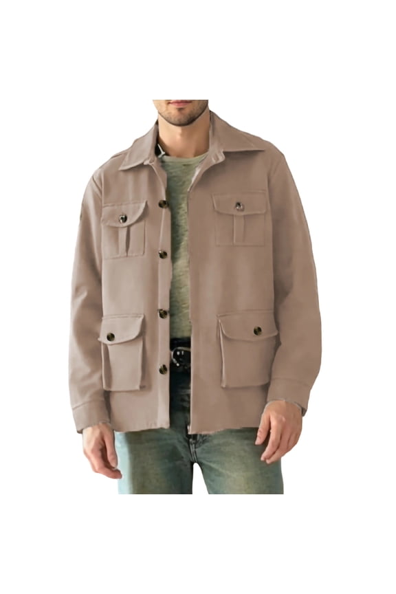 Mens Lightweight Safari Jacket Casual Military Button Up Multi-Pocket Cargo Coat Outwear