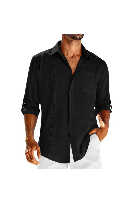 Mens Long Sleeve Guayabera Shirts Linen Cotton Button Down Mexican Embroidered Cuban Wedding Shirt Fall Spring Tops