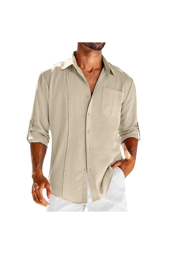 Mens Long Sleeve Guayabera Shirts Linen Cotton Button Down Mexican Embroidered Cuban Wedding Shirt Fall Spring Tops