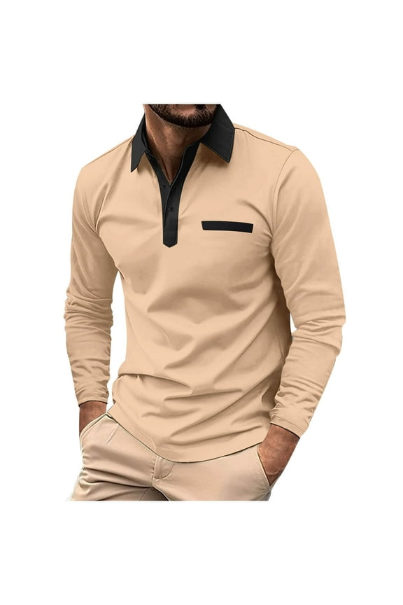 Mens Long Sleeve Polo Shirts Casual Cotton Polo T Shirt with Pocket Classic Button Collared Golf Shirt