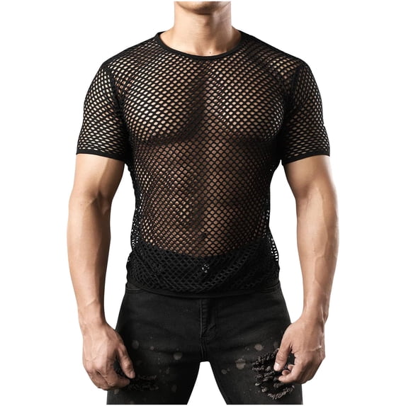 Dovford Mens Mesh Tops Cute Fishnet Semi Sheer Mesh T Shirt Crewneck See Through Mesh Short Sleeve Shirt Muscle Fishnet Tees