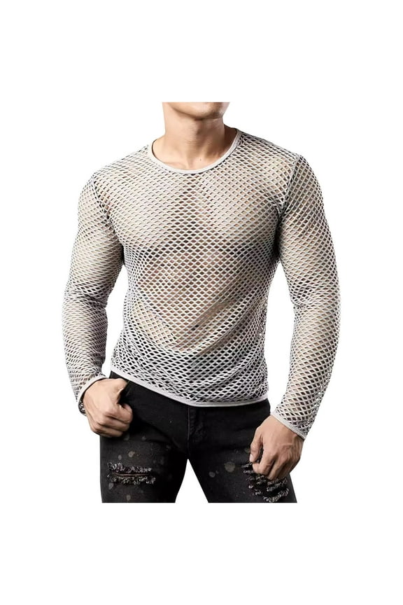 Mens Mesh Tops Cute Fishnet Semi Sheer Mesh T Shirt See Through Mesh Long Sleeve Shirt Muscle Fishnet Tee