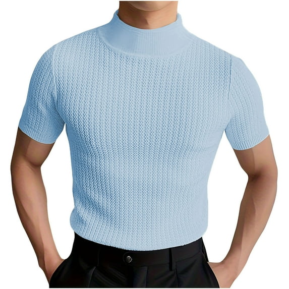 Dovford Mens Mock Turtleneck Sweater Short Sleeve Solid Color T-Shirts Basic Slim Fit Knitted Pullover Tees