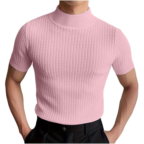 Dovford Mens Mock Turtleneck Sweater Short Sleeve Solid Color T-Shirts Basic Slim Fit Knitted Pullover Tees