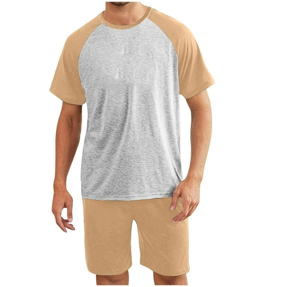 Dovford Mens Pajamas Set Shorts Pjs Lightweight Raglan Short Sleeve Crewneck T Shirts and Shorts Soft Cotton Blend Comfy Sleepwear