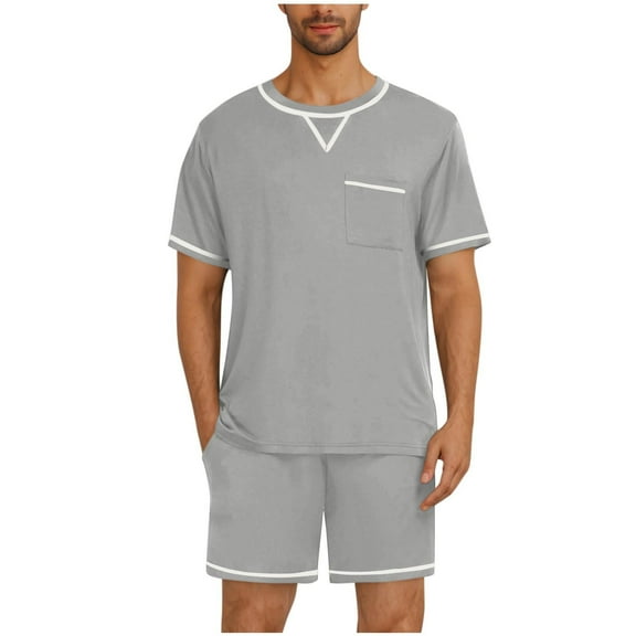 Dovford Mens Pajamas Set Shorts Pjs Lightweight Raglan Short Sleeve Crewneck T Shirts and Shorts Soft Cotton Blend Comfy Sleepwear