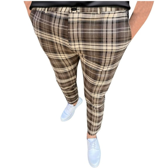 Dovford Mens Pants Slim Fit,Men's Plaid Straight Pants, Golf Pants Men Stretch Slim Fit Flat Front Business Checked Trousers