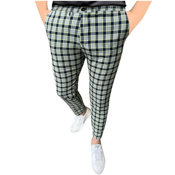 Dovford Mens Pants Slim Fit,Men's Plaid Straight Pants, Golf Pants Men Stretch Slim Fit Flat Front Business Checked Trousers