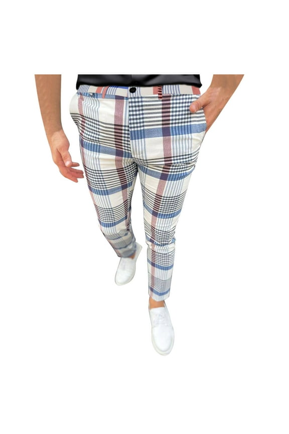 Mens Pants Slim Fit,Men's Plaid Straight Pants, Golf Pants Men Stretch Slim Fit Flat Front Business Checked Trousers