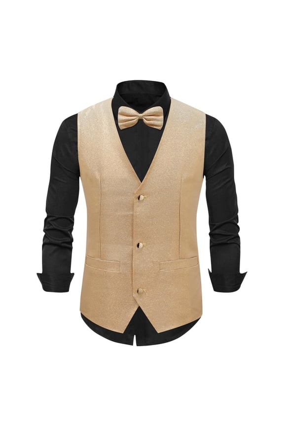 Mens Sequins Vest Formal/Leisure V-neck Shiny Waistcoat Bowtie Set Prom Party Tuxedo