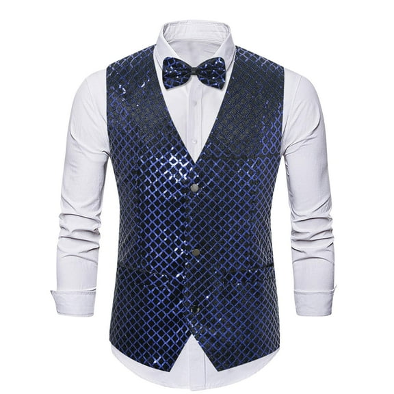 Dovford Mens Sequins Vest Formal/Leisure V-neck Shiny Waistcoat Bowtie Set Prom Party Tuxedo