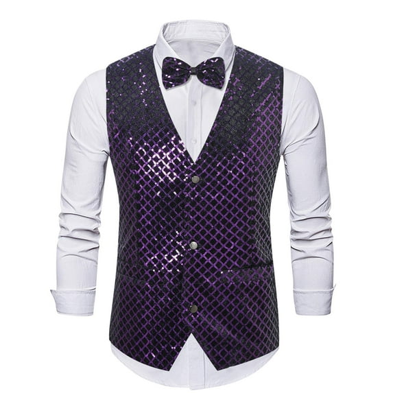 Dovford Mens Sequins Vest Formal/Leisure V-neck Shiny Waistcoat Bowtie Set Prom Party Tuxedo