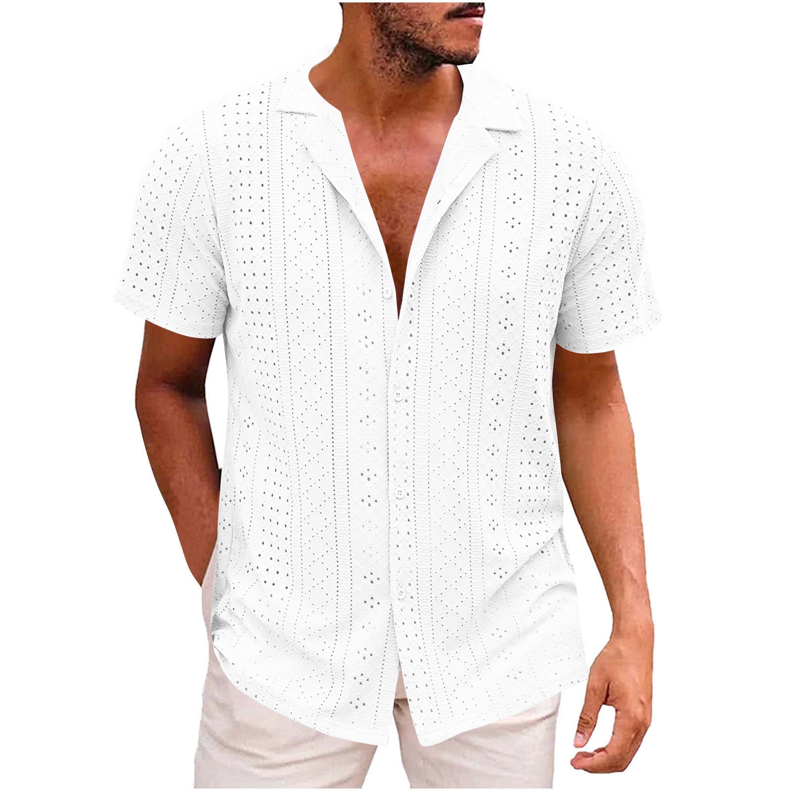 Mens White Short Sleeve Cuban Guayabera Shirt – Classic 4 Pocket Summer Linen Style main image 0