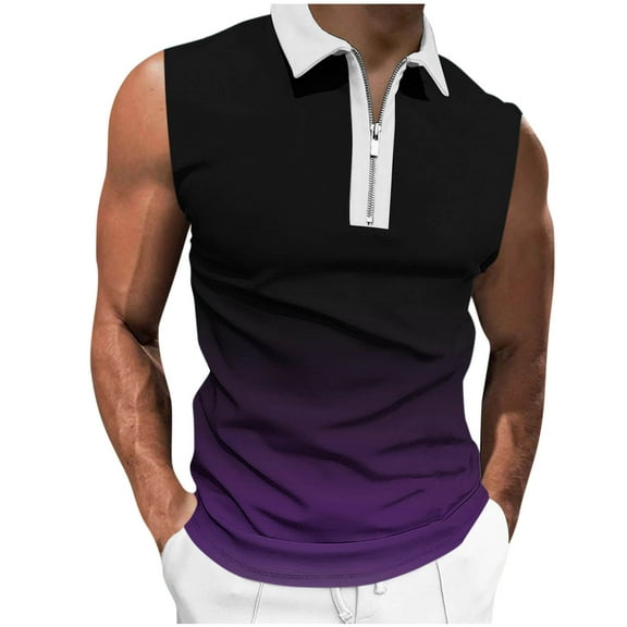 Dovford Mens Sleeveless Shirts Zipper Collar Solid Color Lapel Shirt Body Building Casual Summer Beach Tops