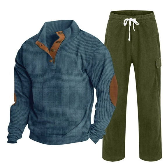 Dovford Mens Sweatsuits Two Breathable Suit Rolled Sleeve Shirt Pants Set Autumn Winter Casual Solid Jogger Sport Track Suit