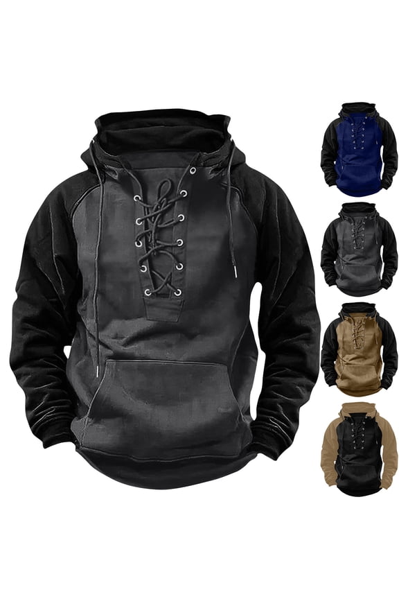 Mens Tactical Sweatshirts Lace Up Aztec Hooded Pullover Long Sleeve Cargo Workout Outdoor Hoodies with Pocket