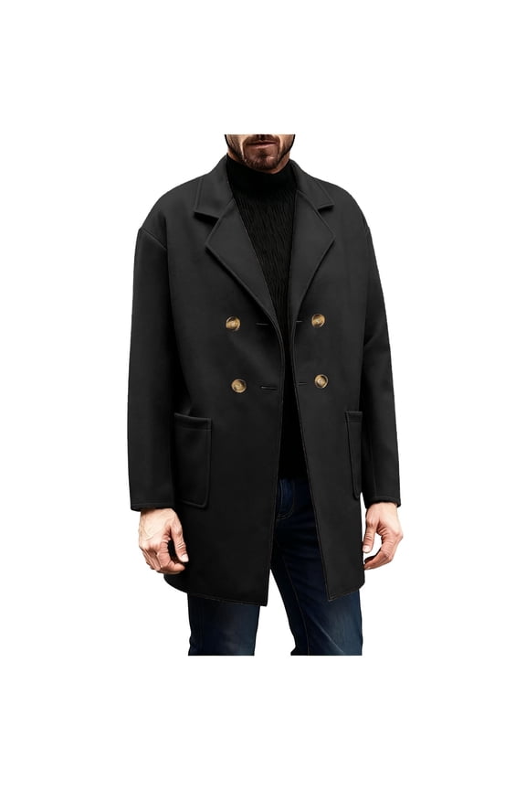 Mens Trench Coat Notch Lapel Double Breasted Peacoat Wool Blend Casual Long Overcoat for Men