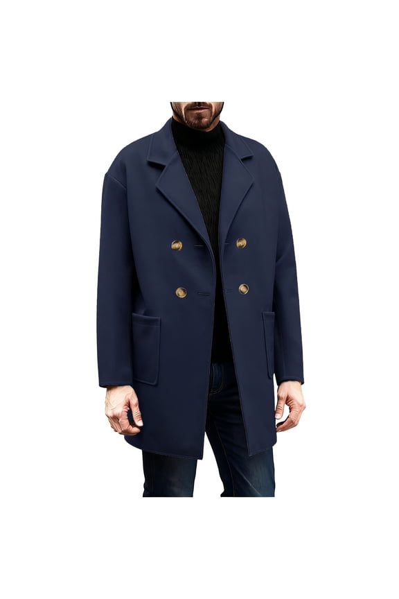 Mens Trench Coat Notch Lapel Double Breasted Peacoat Wool Blend Casual Long Overcoat for Men