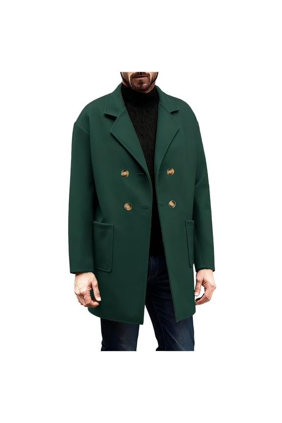 Mens Trench Coat Notch Lapel Double Breasted Peacoat Wool Blend Casual Long Overcoat for Men