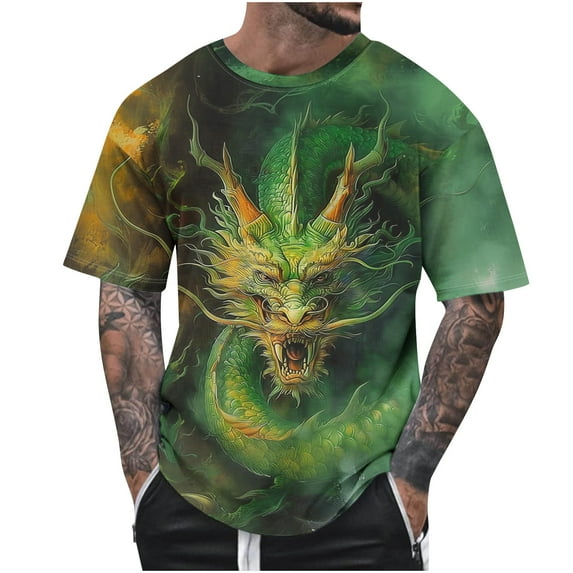 Dovford Mens Tshirts 2024 Summer Fashion Casual Men's Round Neck 3D Dragon Printed T-shirt Short Sleeve Regular Fit Tops