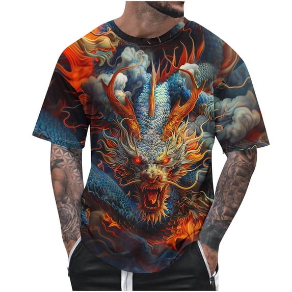 Dovford Mens Tshirts 2024 Summer Fashion Casual Men's Round Neck 3D Dragon Printed T-shirt Short Sleeve Regular Fit Tops