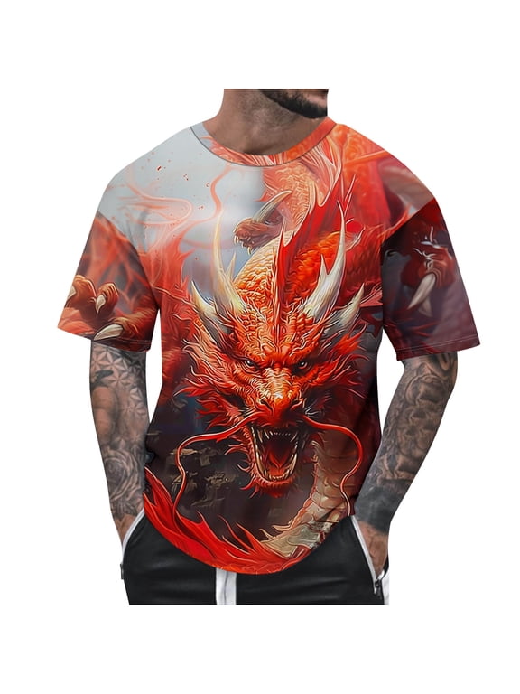 Mens Tshirts 2024 Summer Fashion Casual Men's Round Neck 3D Dragon Printed T-shirt Short Sleeve Regular Fit Tops