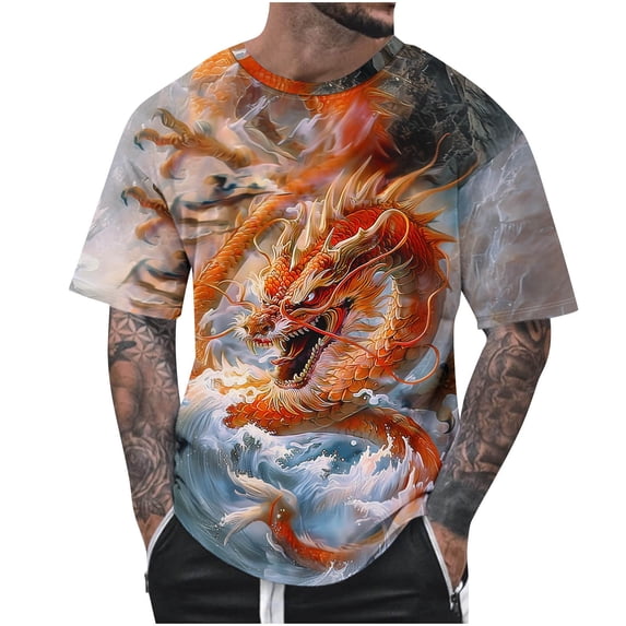 Dovford Mens Tshirts 2024 Summer Fashion Casual Men's Round Neck 3D Dragon Printed T-shirt Short Sleeve Regular Fit Tops