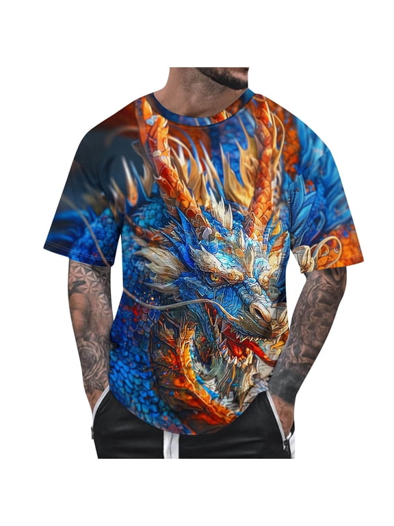 Mens Tshirts 2024 Summer Fashion Casual Men's Round Neck 3D Dragon Printed T-shirt Short Sleeve Regular Fit Tops