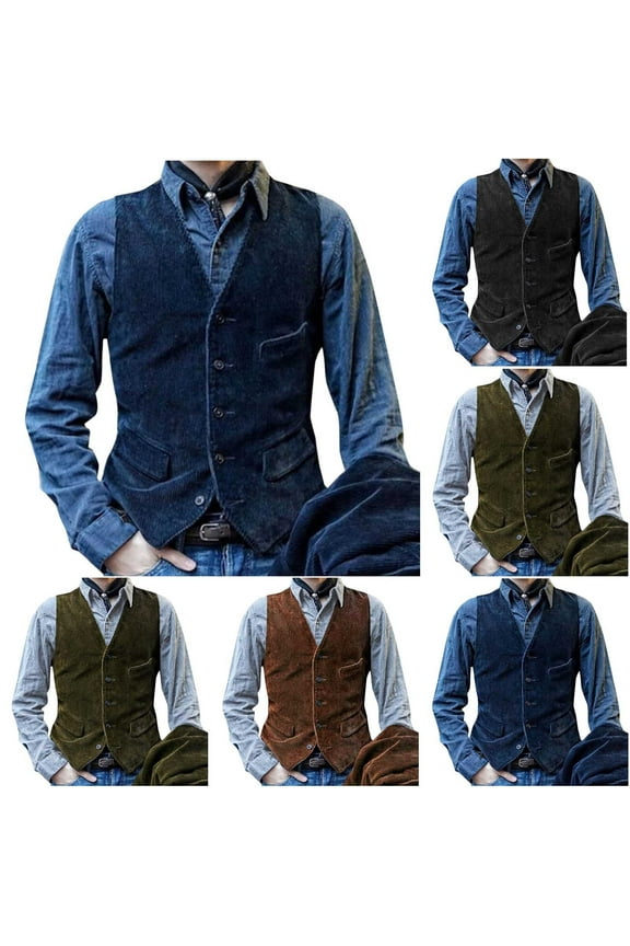 Mens V Neck Suit Vest Retro 5 Button Suede Leather Regular Fit Casual Waistcoat for Prom,Husband Gift,Daily Wear