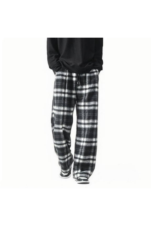 Mens Vintage Casual Pants Straight Plaid Trousers Drawstring Regular Fit