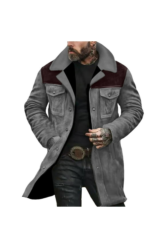 Mens Vintage Suede Jackets Western Cowboy Plush Collar Coats Casual Faux Leather Winter Clothes Zip Up Retro Tops