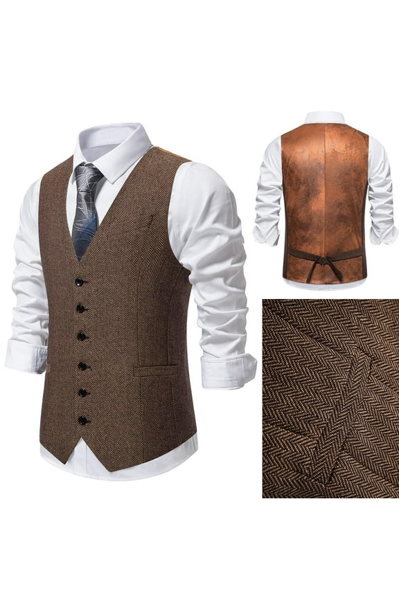 Mens Vintage Tweed Suit Vest V Neck Casual Wool Waistcoat for Wedding Groomsmen