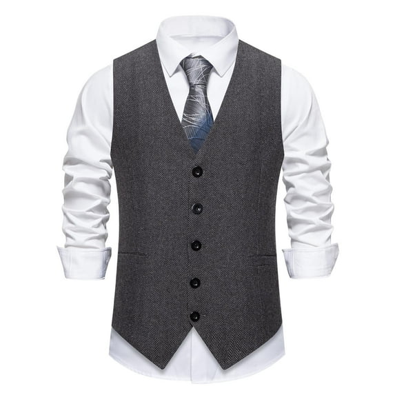 Dovford Mens Vintage Tweed Suit Vest V Neck Casual Wool Waistcoat for Wedding Groomsmen