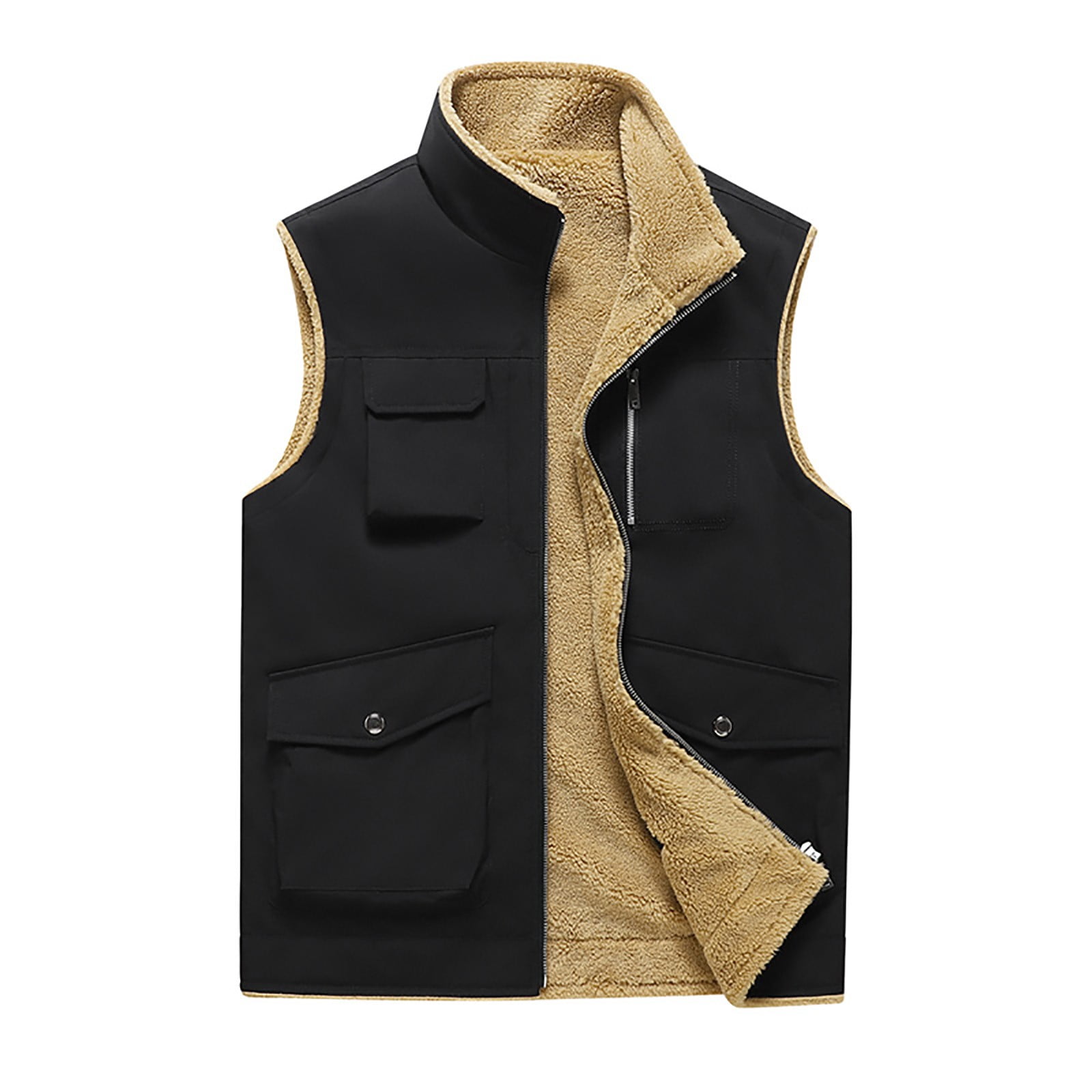 Dovford Mens Winter Fur Vests Outerwear Stand Collar Casual Sleeveless
