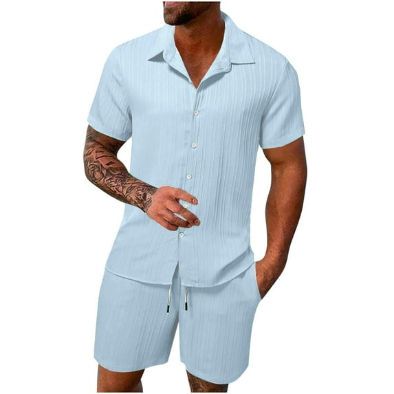 Dovford Pajama Sets for Men Short Sleeve Tops Button Down Summer Lapel Shirt and Elastic Waist Shorts with Drawstring Sleepwear Loungewear