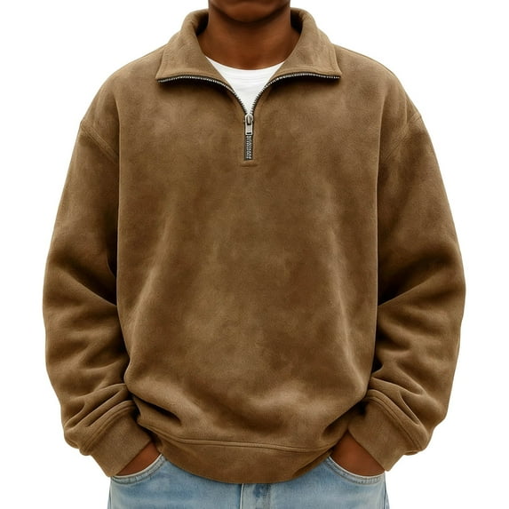 Dovford Quarter Zip Pullover Men Lapel Neck Sweatshirt Fuzzy Sweater Sherpa Thermal Casual Long Sleeve Winter Fall Outwear