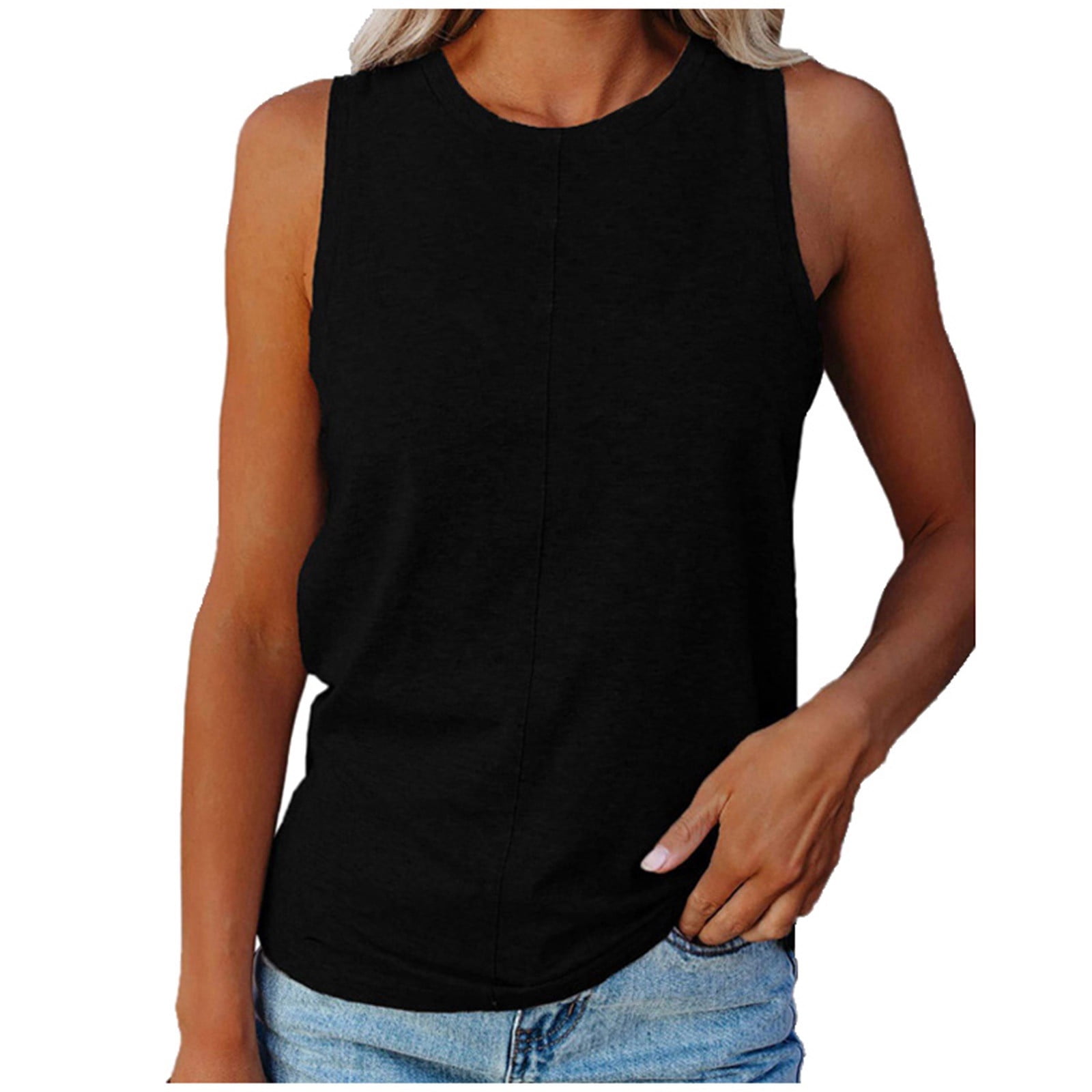 Womens Crew Neck Tank Tops Sleeveless T Shirts Summer Solid Color ...