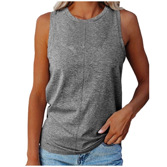 Dovford Savings Clearance 2024! Womens Crew Neck Tank Tops Sleeveless T Shirts Summer Solid Color Casual Loose Fit Tee Shirt