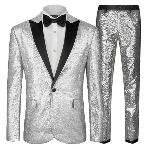 Dovford Sequin Blazer Metallic Slim Suit 2 Piece Set Disco Prom Shiny Outfit Wedding Party Banquet Fashion Jacket Pant