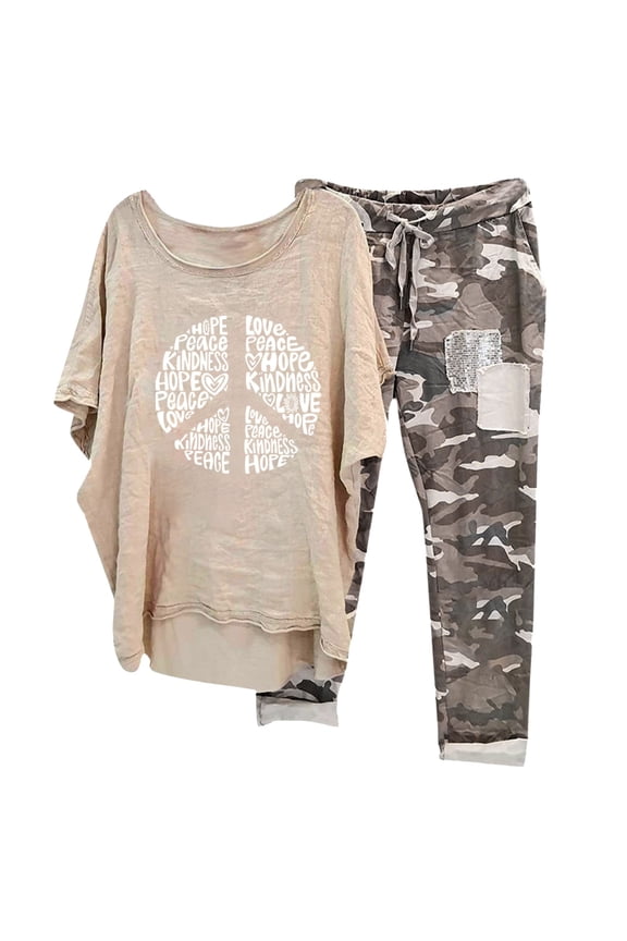 Capri Pajamas for Women,Cotton Camouflage Capri Pajamas Sets for Women,Casual Short Sleeve Tops with Capri Sleepwear Sets