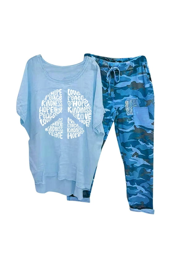 Capri Pajamas for Women,Cotton Camouflage Capri Pajamas Sets for Women,Casual Short Sleeve Tops with Capri Sleepwear Sets