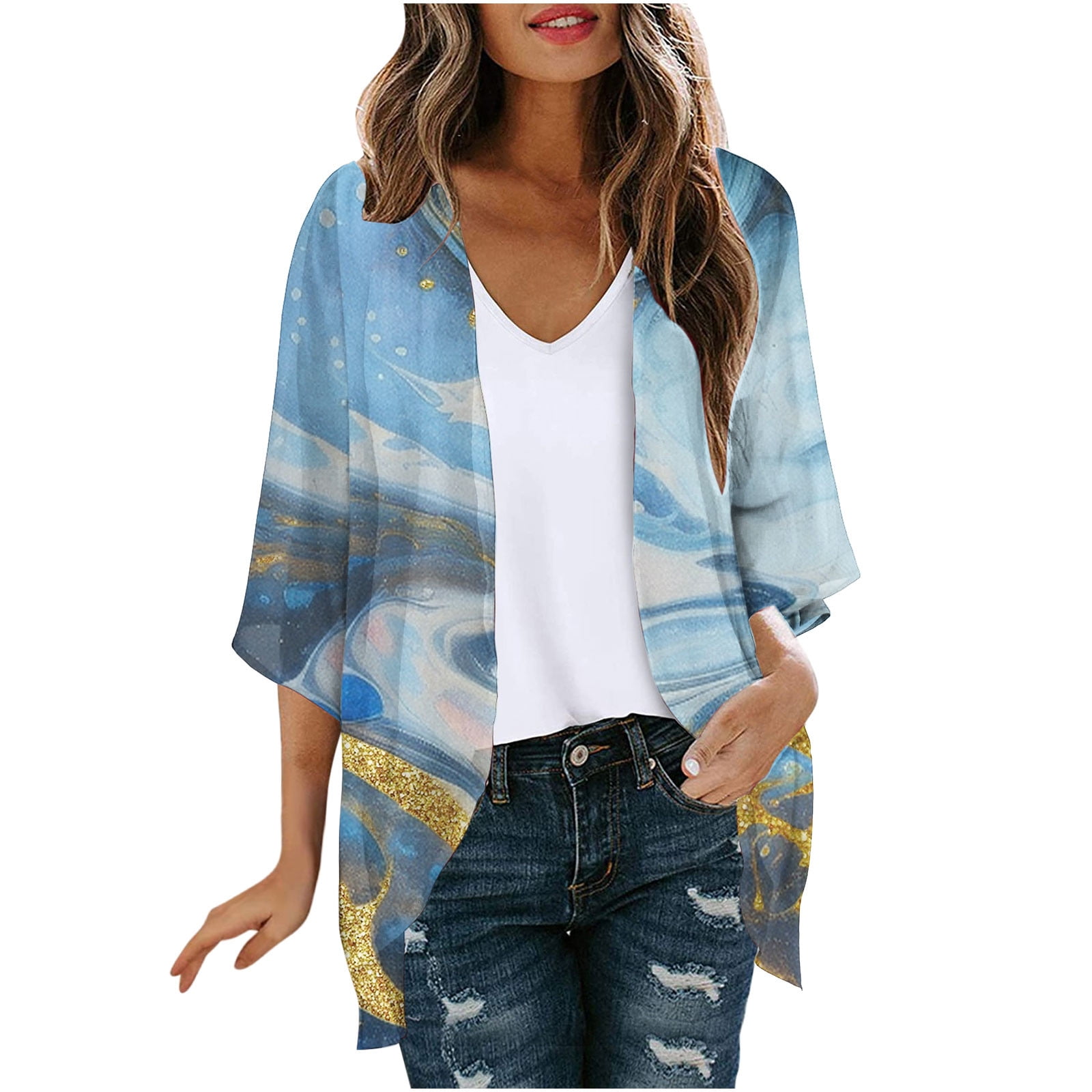 Dovford Summer Lightweight Cardigan for Women 3/4 Sleeve Shrug Kimono ...